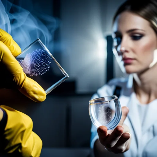 Forensic Training in the UK 1 Crime laboratory technician examines a piece of glass for fingerprints.