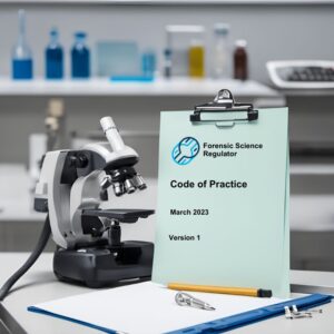 Code Of Practice - Why is it important? 5 Laboratory with a microscope on a bench with a copy of the Forensic Science Regulator's code of practice on a clip board